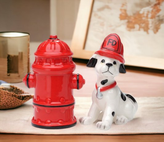 Ceramic Fire Hydrant and Dalmation Dog Salt and Pepper Shakers, Gift for Firefighter, Dog Lover Gift, Home Decor, Fire Station Decor