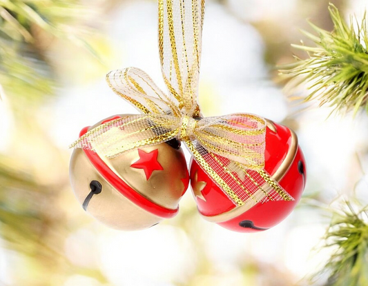 Ceramic Red and Gold Christmas Tree Ornament Bells with Gold Ribbon, Christmas Decor