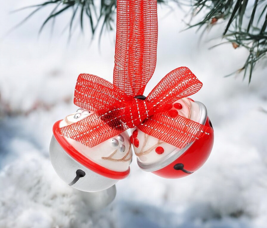 Ceramic White and Red Christmas Tree Ornament Bells with Red Ribbon, Christmas Decor