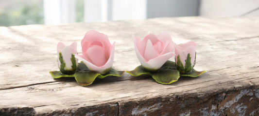 Ceramic Pink Rose Flowers with Buds Candle Holders - Set of 2, Romantic Decor, Garden Decor, Vintage Decor, Gift for Mom