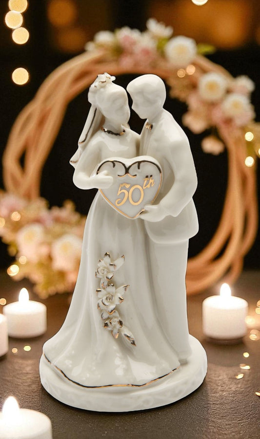 50th Anniversary Milestone-The Golden Wedding Anniversary-Hand Crafted Ceramic Cake Topper with Golden Accents