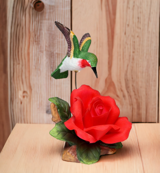 Ceramic Hummingbird with Red Rose Flower Figurine, Home Décor, Gift for Her, Gift for Mom, Kitchen Décor, Birdwatcher Gift