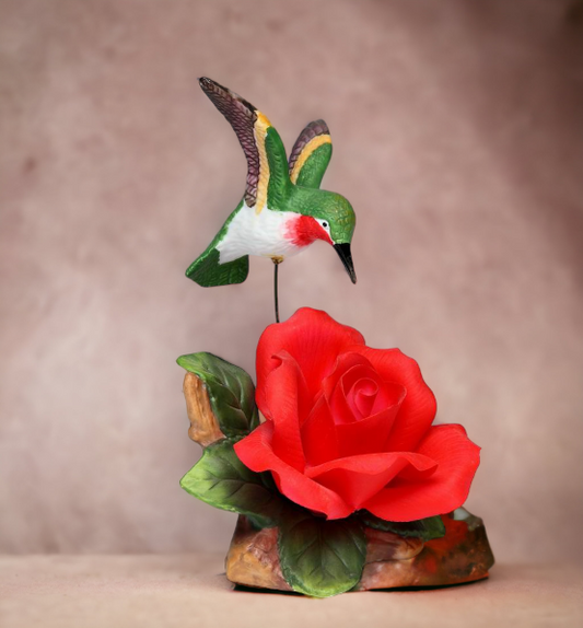 Ceramic Hummingbird with Red Rose Flower Figurine, Home Décor, Gift for Her, Gift for Mom, Kitchen Décor, Birdwatcher Gift