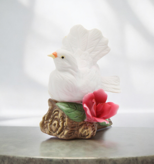 Ceramic White Dove Bird with Red Rose Flower Figurine, Garden Decor, Vintage Decor, Gift for Her, Gift for Mom