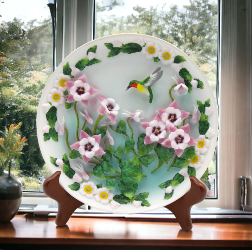 Hummingbird with Columbine Flowers Decor Plate with Stand, Home Décor, Gift for Her, Mom, Kitchen Décor, Birdwatcher Gift, Vintage Decor