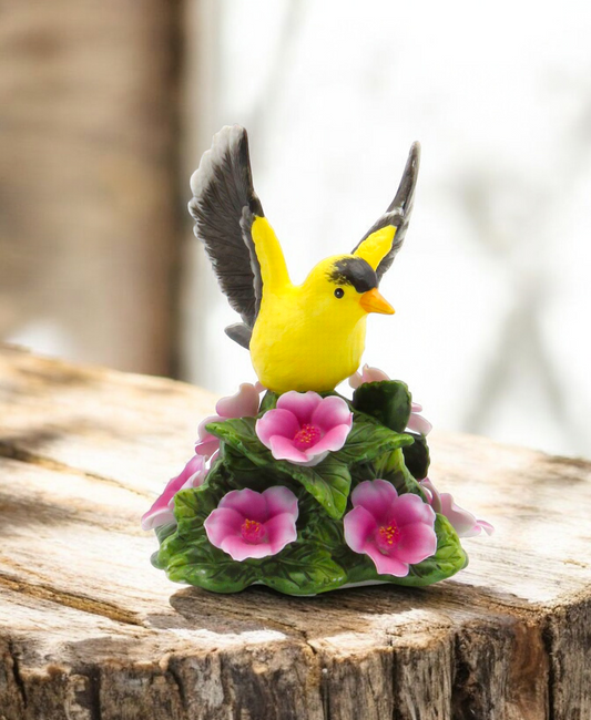 Ceramic Goldfinch Bird with Flowers Figurine, Bird Watcher Gift, Vintage Decor, Garden Decor, Gift for Her, Gift for Mom