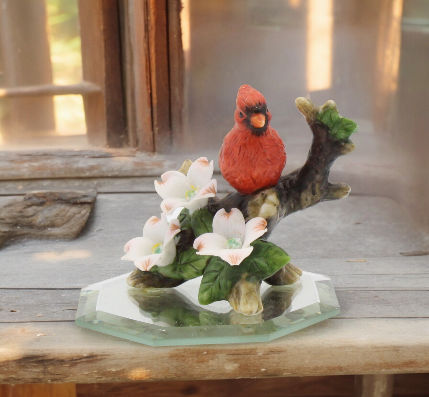 Ceramic Mini Cardinal Bird on Glass Base Figurine, Birdwatcher Gift, Gift for Her, Gift for Mom, Home Decor