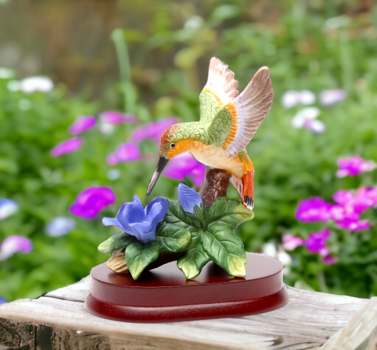 Ceramic Hummingbird with Bluebonnet Flower on Wood Base, Home Décor, Gift for Her, Mom, Kitchen Décor, Birdwatcher Gift, Vintage Decor