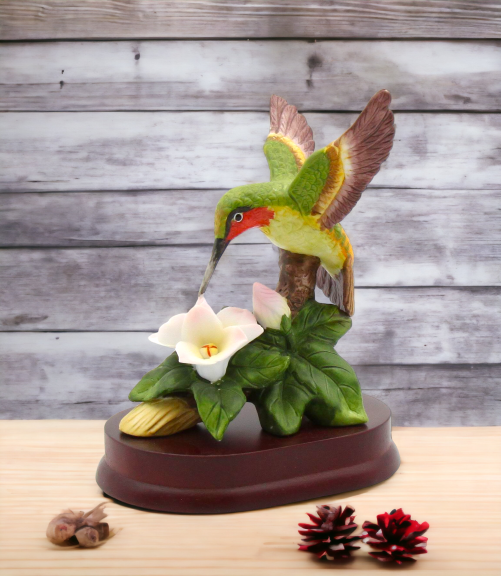 Ceramic Hummingbird with Magnolia Flower on Wood Base Figurine, Home Décor, Gift for Her, Mom, Birdwatcher Gift, Vintage Decor