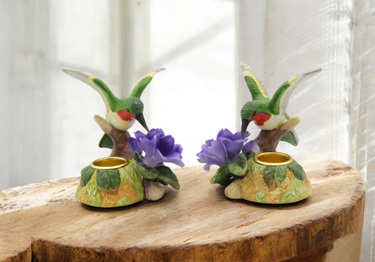 Ceramic Hummingbird with Violet Flower Candleholders - Set of 2, Bird Watcher Gift, Garden Decor, Vintage Decor, Gift for Mom