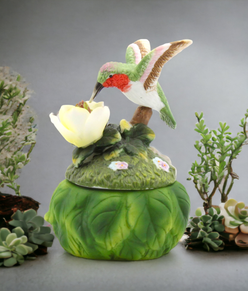 Ceramic Hummingbird with Magnolia Flower Box, Home Décor, Gift for Her, Mom, Kitchen Décor, Birdwatcher Gift, Vintage Decor