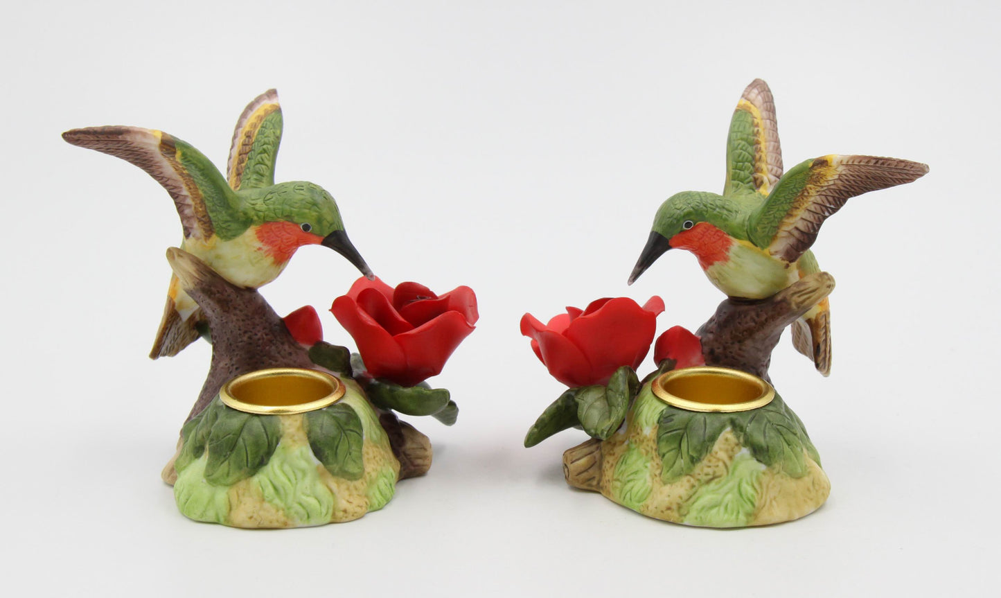 Ceramic Hummingbird with Red Rose Flower Candle Holder (Set of 2), Home Decor, Birdwatcher Gift, Gift for Her, Gift for Mom