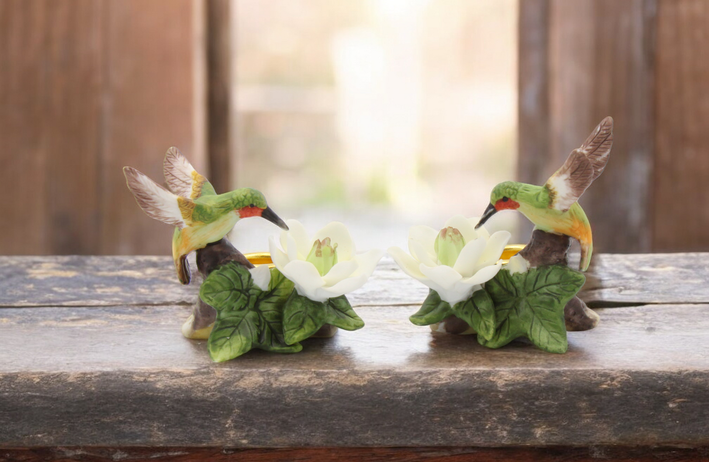 Ceramic Mini Hummingbird with Magnolia Flower Candle Holder (Set of 2), Table Decor, Gift for Her, Gift for Mom, Birdwatcher Gift