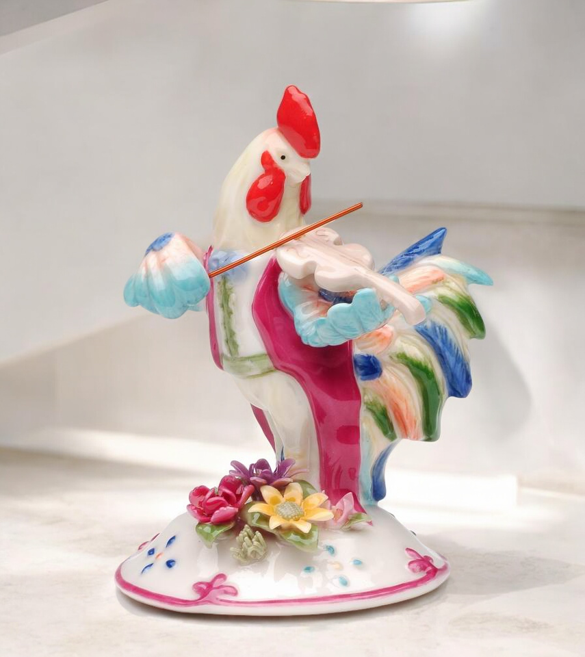 Ceramic Rooster Playing Violin Figurine, Farmhouse Decor, Rooster Lover Gift, Orchestra Gift, Gift for Musician