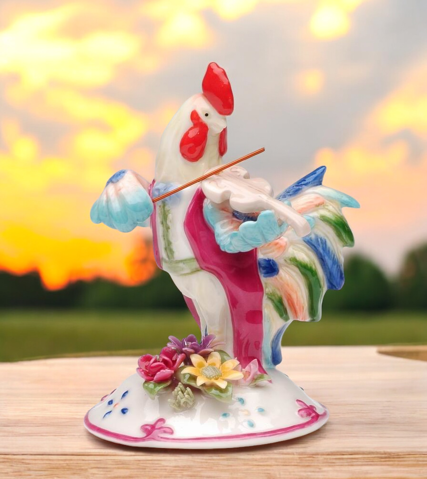 Ceramic Rooster Playing Violin Figurine, Farmhouse Decor, Rooster Lover Gift, Orchestra Gift, Gift for Musician