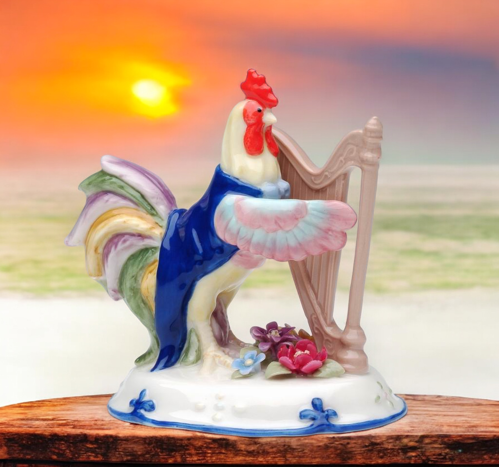 Ceramic Rooster Playing Harp Figurine, Musician Gift, Rooster Lover Gift, Farmhouse Decor