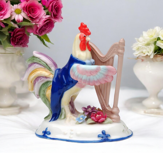 Ceramic Rooster Playing Harp Figurine, Musician Gift, Rooster Lover Gift, Farmhouse Decor