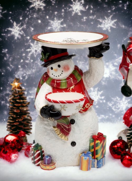 Ceramic 18" Snowman Figurine With Plate and Bowl, Home Décor, Gift for Her, Gift for Mom, Kitchen Décor, Christmas Décor