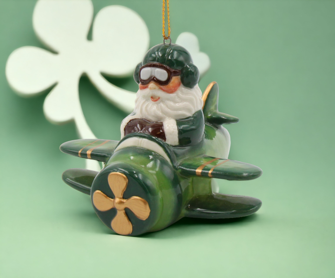 Ceramic Irish Santa Flying Airplane Ornament, Gift for Her, Gift for Pilot, Irish Saint Patrick’s Day Décor, Christmas Decor, Irish Airlines