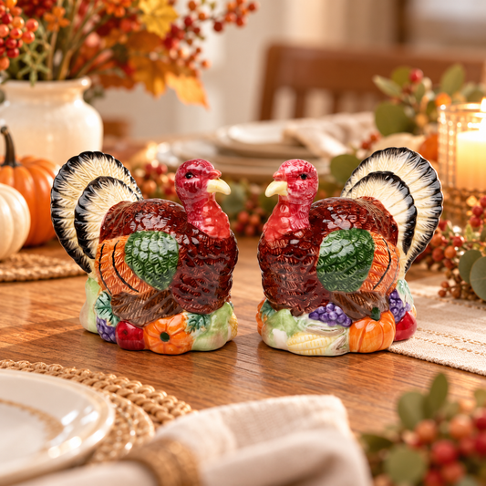 Ceramic Turkey Salt and Pepper Shakers – Hand-Painted Thanksgiving Table Decor