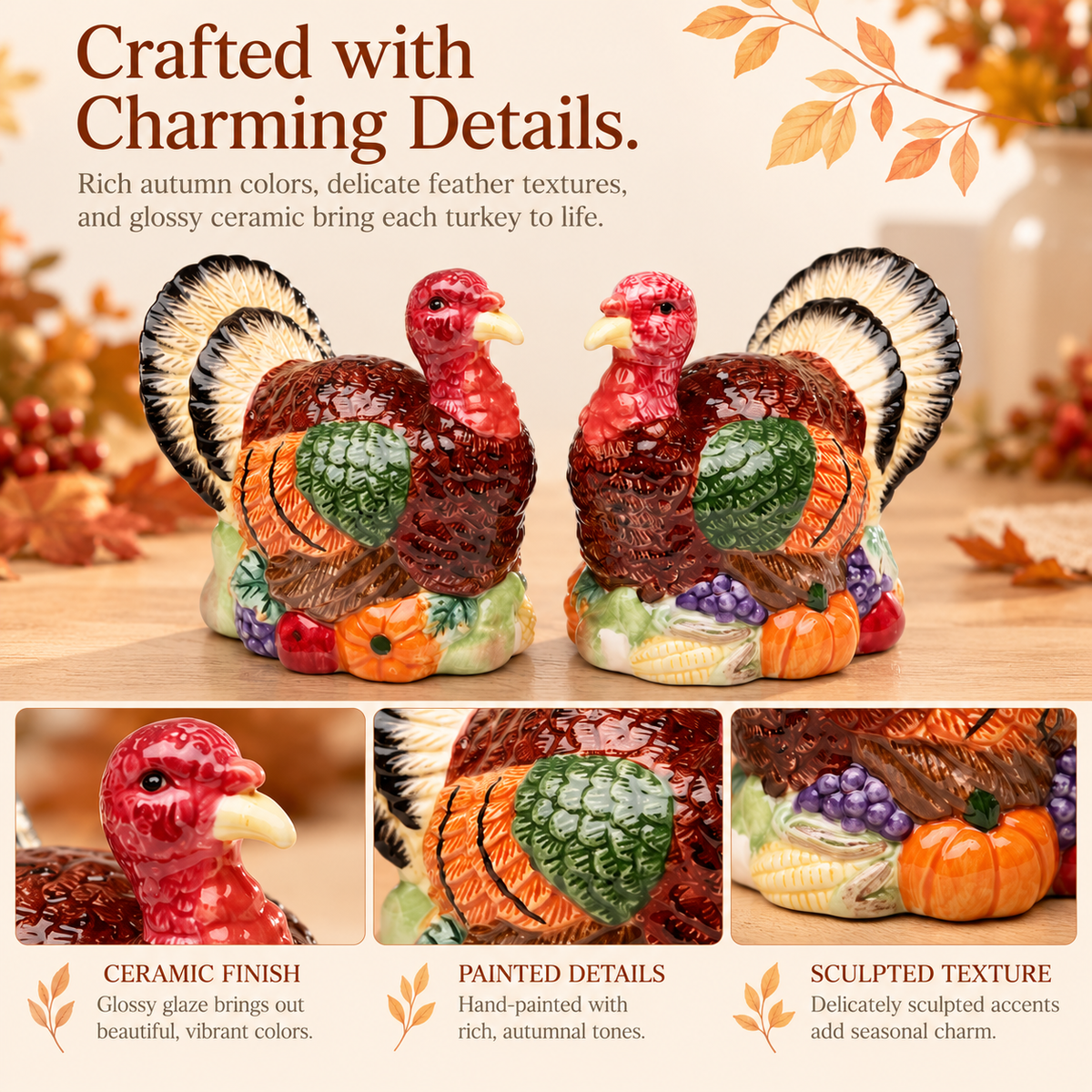 Ceramic Turkey Salt and Pepper Shakers – Hand-Painted Thanksgiving Table Decor