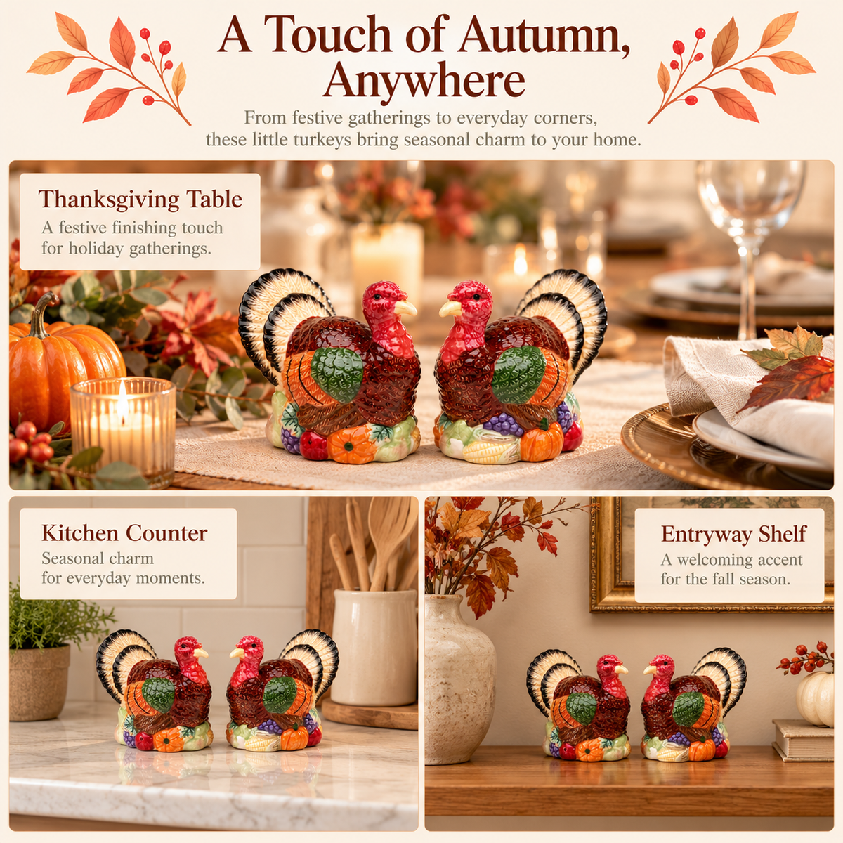 Ceramic Turkey Salt and Pepper Shakers – Hand-Painted Thanksgiving Table Decor