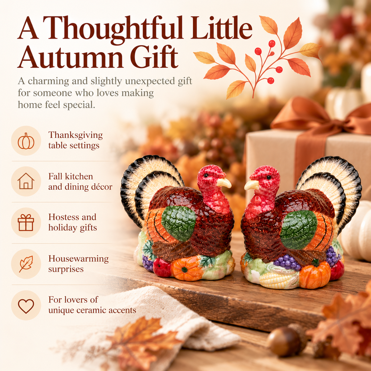 Ceramic Turkey Salt and Pepper Shakers – Hand-Painted Thanksgiving Table Decor