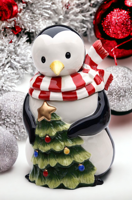 Ceramic Penguin with Christmas Tree Candy Box, Home Décor, Gift for Her, Gift for Mom, Kitchen Décor, Christmas Décor