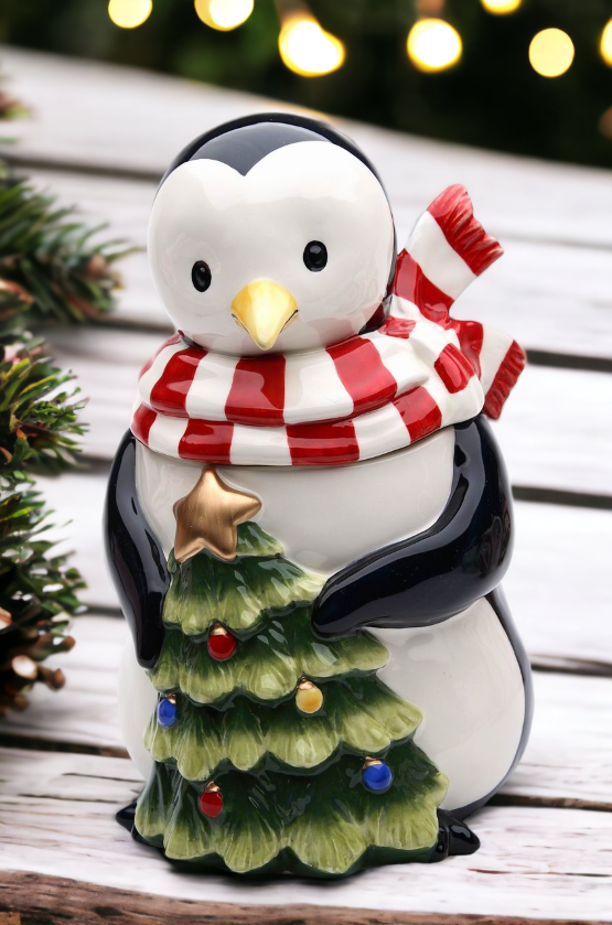 Ceramic Penguin with Christmas Tree Candy Box, Home Décor, Gift for Her, Gift for Mom, Kitchen Décor, Christmas Décor