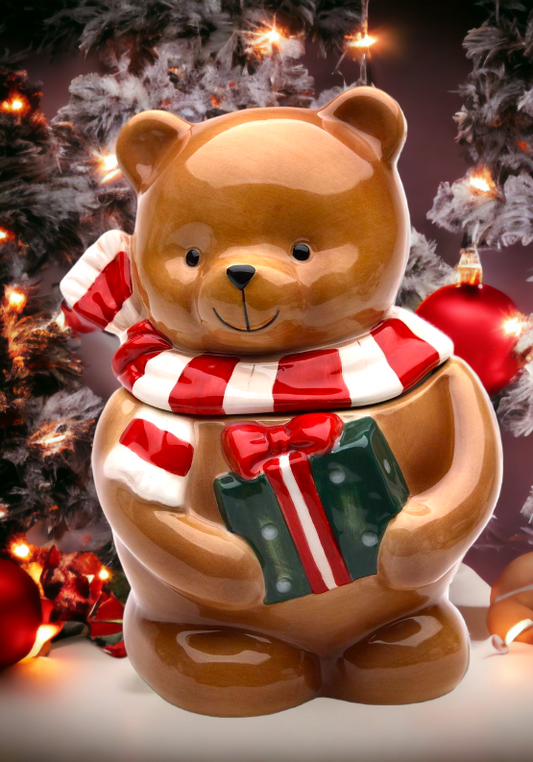 Christmas Decor Hand Painted Ceramic Teddy Bear Candy Box, Home Décor, Gift for Her, Gift for Mom, Kitchen Décor, Christmas Décor