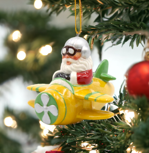 Ceramic Santa Ornament in Yellow Airplane, Home Décor, Gift for Her, Gift for Mom, Kitchen Décor, Christmas Décor