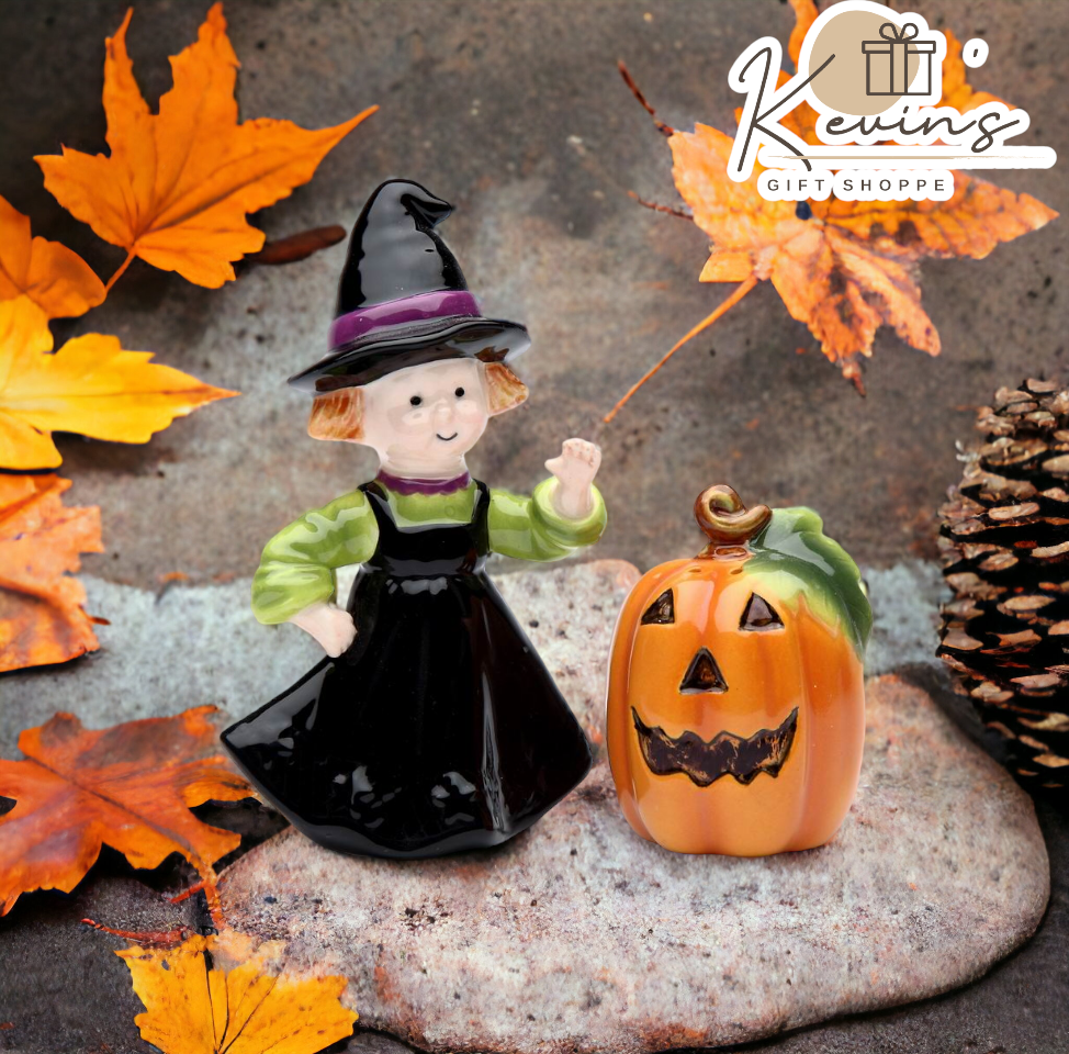 Ceramic Pumpkin & Witch Salt & Pepper Shakers, Home Décor, Gift for Her, Gift for Mom, Kitchen Décor, Fall Décor, Halloween Décor