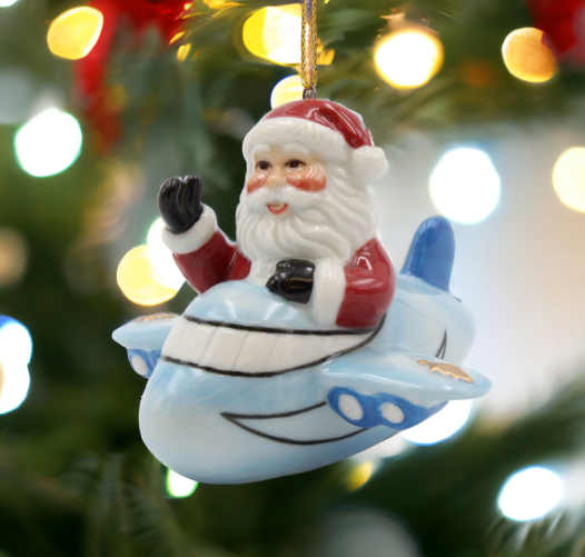 Ceramic Santa Ornament in Blue Airplane, Home Décor, Gift for Her, Gift for Him, Gift for Pilot, Kitchen Décor, Christmas Décor