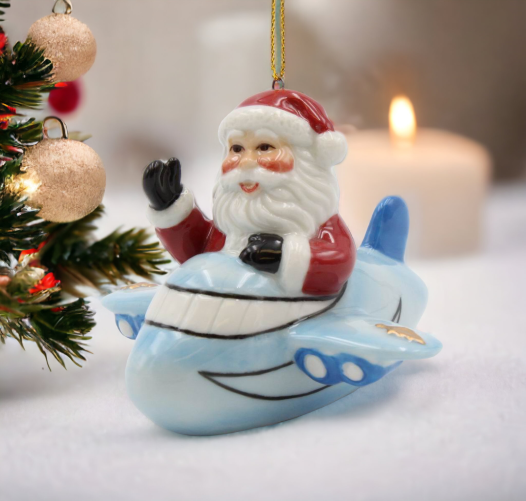 Ceramic Santa Ornament in Blue Airplane, Home Décor, Gift for Her, Gift for Him, Gift for Pilot, Kitchen Décor, Christmas Décor