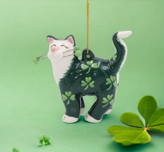 Ceramic Black Cat with Shamrock Design Ornament, Home Décor, Gift for Her, Gift for Mom, Kitchen Décor, Irish Saint Patrick’s Day Décor