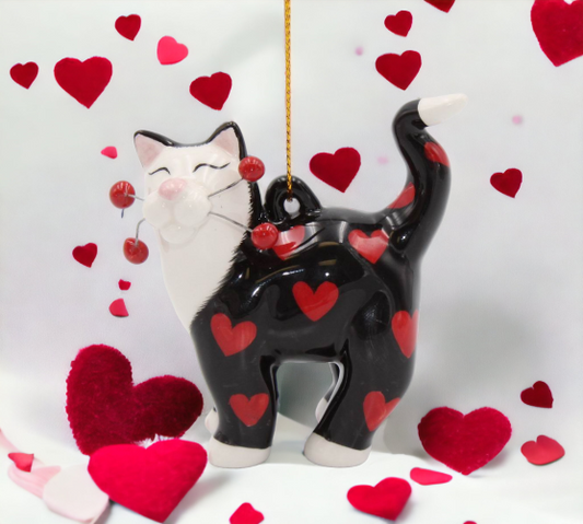 Ceramic Black Cat with Red Hearts Ornament, Home Décor, Gift for Her, Gift for Mom, Valentine’s Day Décor, Romantic Décor, Cat Lover's Gift