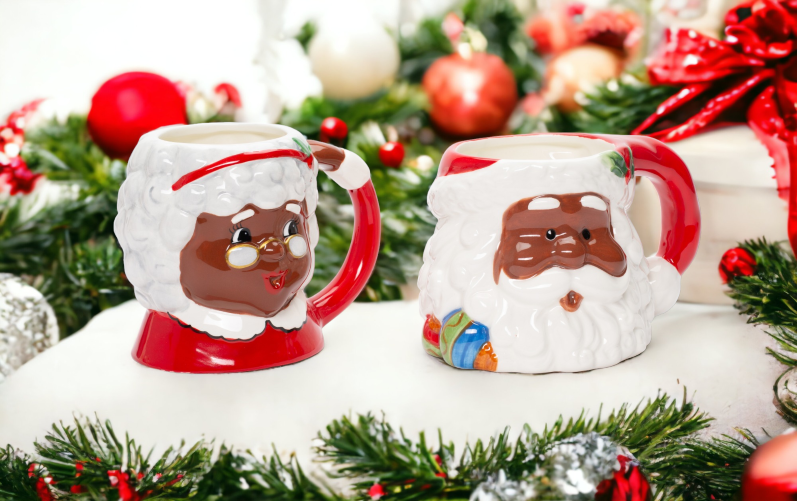 Ceramic African American Santa Claus and Mrs. Claus Mug Pair, Home Décor, Gift for Her, Gift for Mom, Kitchen Décor, Christmas Décor