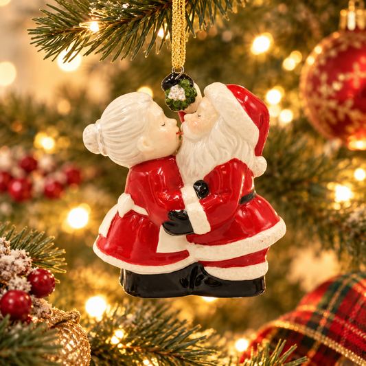 Santa & Mrs. Claus Kissing Ceramic Christmas Ornament – Mistletoe Couple, Romantic Holiday Décor & Gift