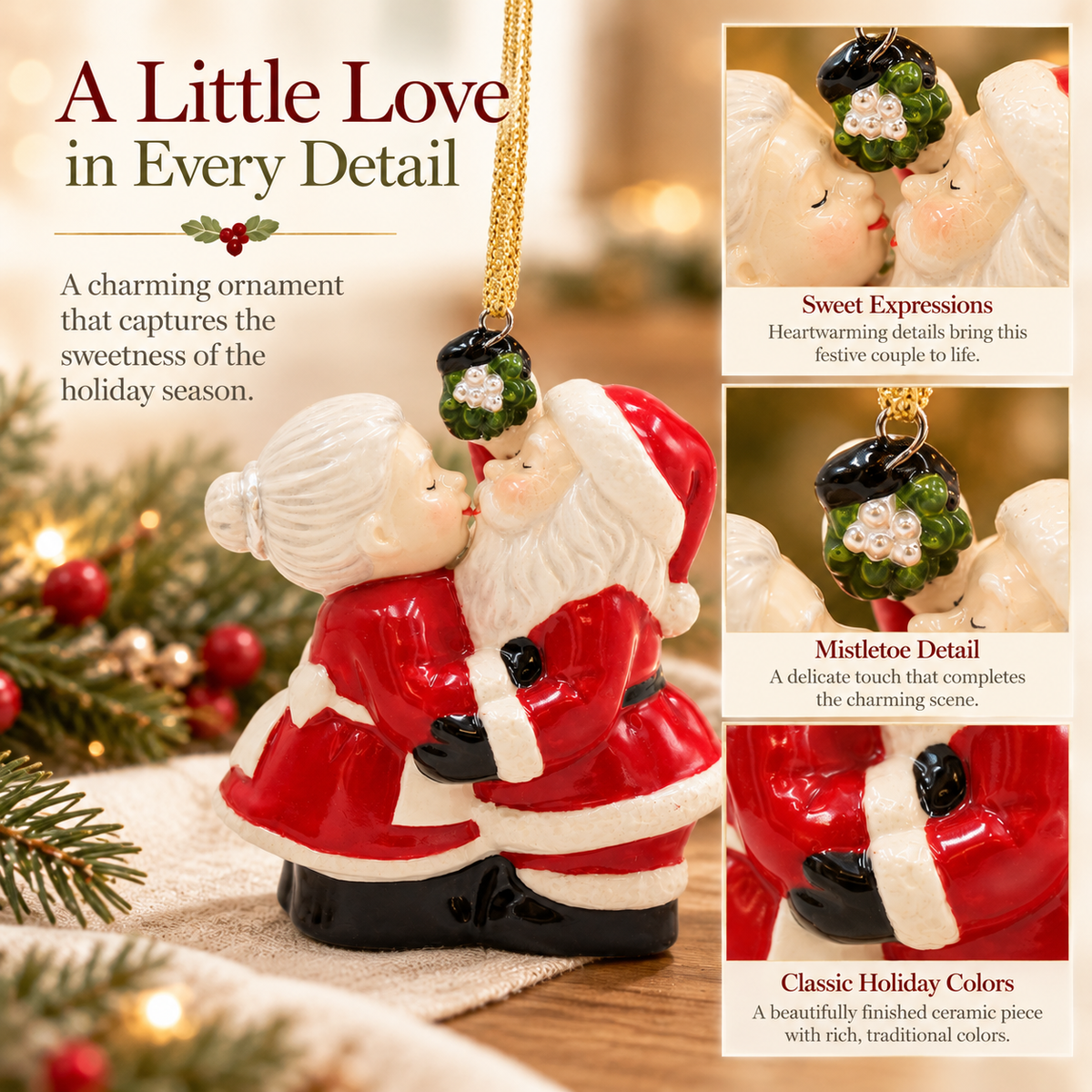 Santa & Mrs. Claus Kissing Ceramic Christmas Ornament – Mistletoe Couple, Romantic Holiday Décor & Gift