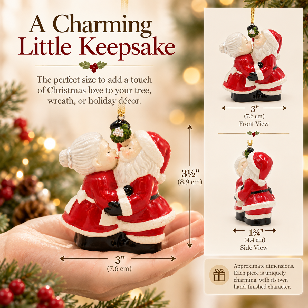 Santa & Mrs. Claus Kissing Ceramic Christmas Ornament – Mistletoe Couple, Romantic Holiday Décor & Gift