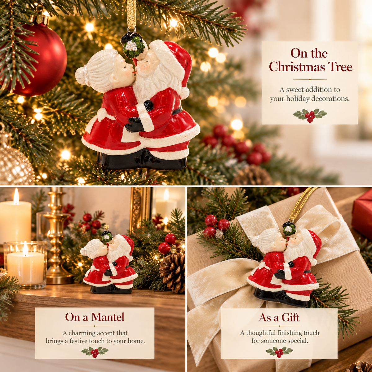 Santa & Mrs. Claus Kissing Ceramic Christmas Ornament – Mistletoe Couple, Romantic Holiday Décor & Gift