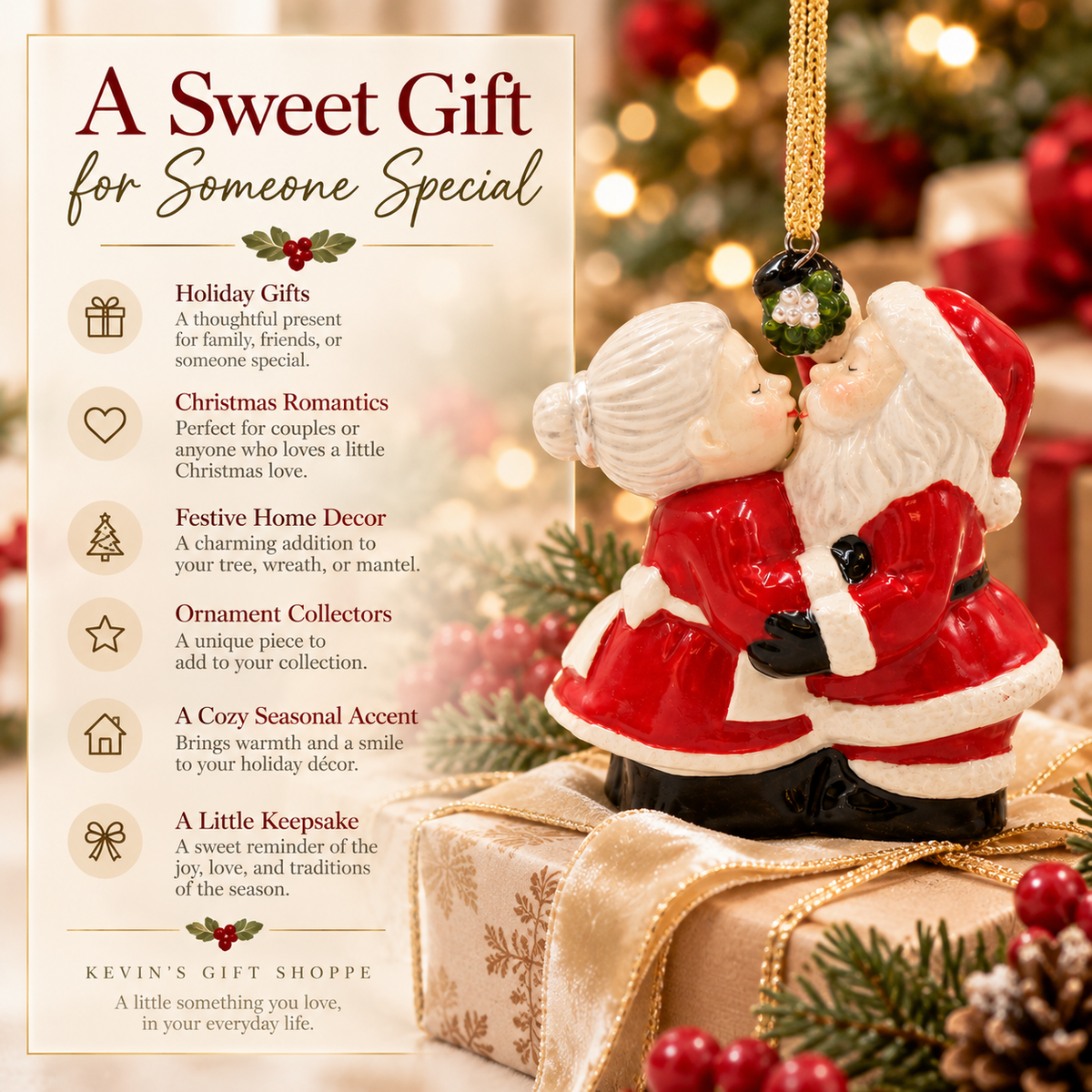 Santa & Mrs. Claus Kissing Ceramic Christmas Ornament – Mistletoe Couple, Romantic Holiday Décor & Gift