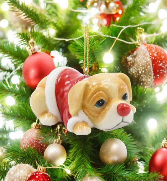 Ceramic Christmas Puppy in Red Coat Ornament, Christmas Tree Decor, Dog Lover Gift