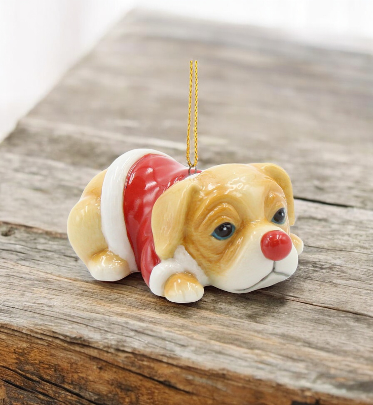 Ceramic Christmas Puppy in Red Coat Ornament, Christmas Tree Decor, Dog Lover Gift