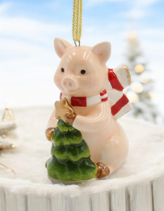 Ceramic Pig With Christmas Tree Tree Ornament, Christmas Decor, Farmhouse Decor, Gift for Her