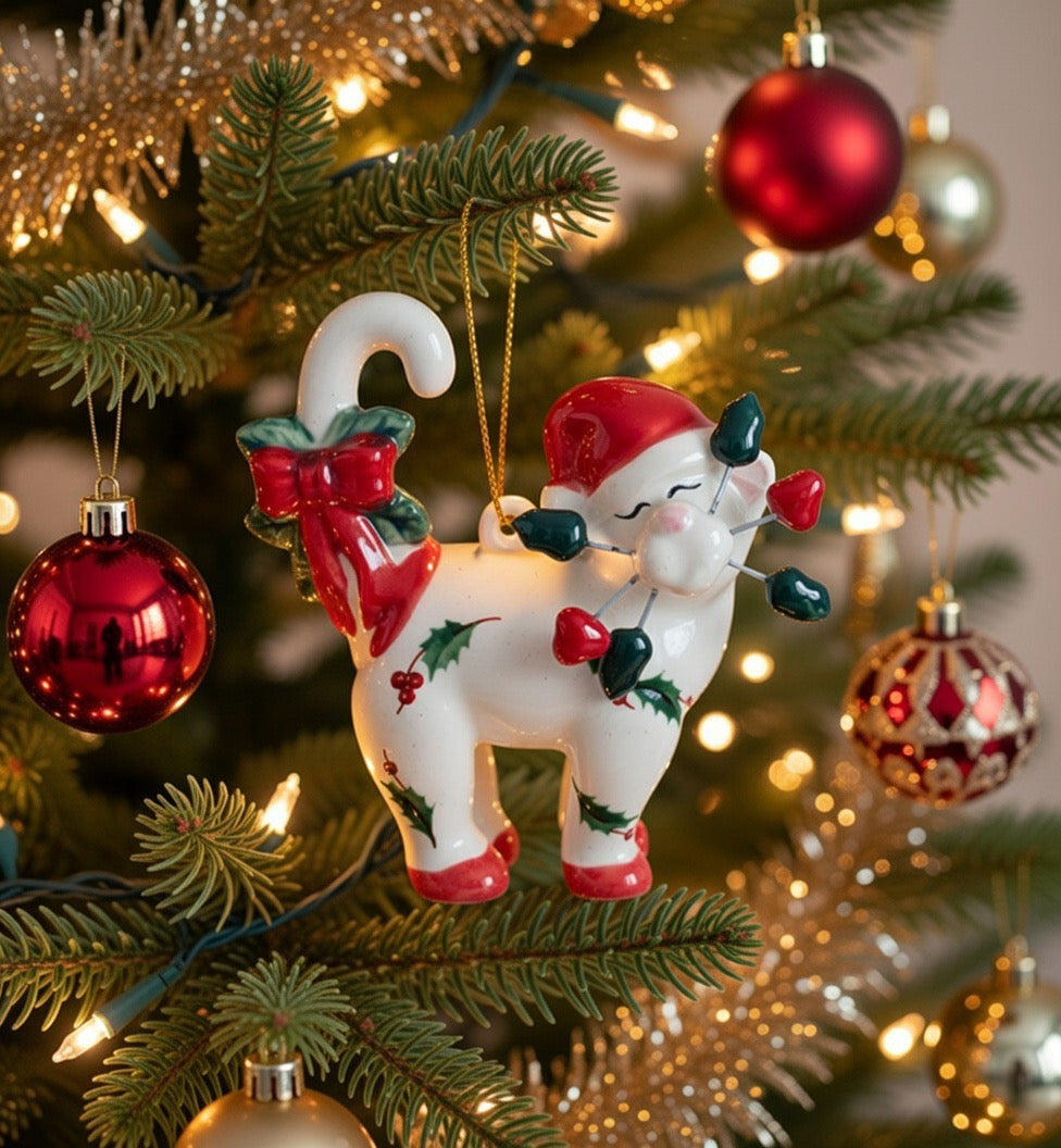 Ceramic Christmas Whisker Cat Ornament, Home Décor, Gift for Her, Gift for Mom, Kitchen Décor, Christmas Décor, Cat Lover Gift