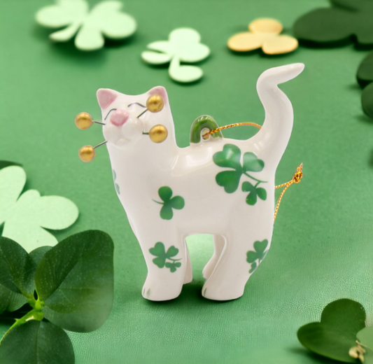 Ceramic Shamrock Cat Ornament, Home Décor, Gift for Her, Gift for Mom, Kitchen Décor, Irish Saint Patrick’s Day Décor