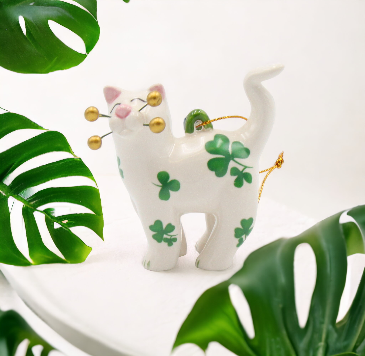 Ceramic Shamrock Cat Ornament, Home Décor, Gift for Her, Gift for Mom, Kitchen Décor, Irish Saint Patrick’s Day Décor