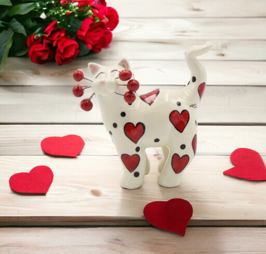 Ceramic Whisker Cat With Red Heart Figurine, Cat Lover Gift, Gift for Her, Gift for Mom, Valentines Day Decor, Wedding Favor