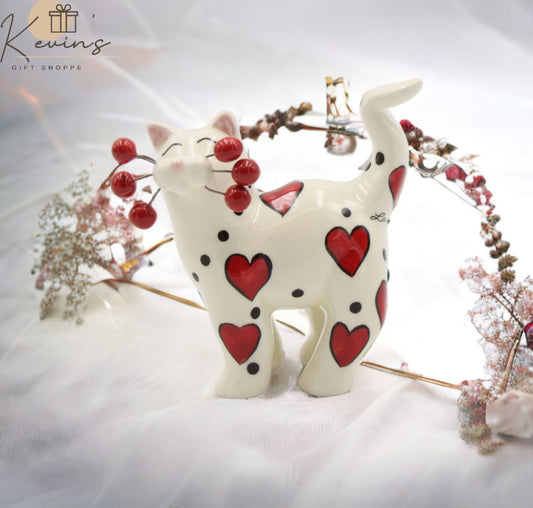 Ceramic Whisker Cat With Red Heart Figurine, Cat Lover Gift, Gift for Her, Gift for Mom, Valentines Day Decor, Wedding Favor